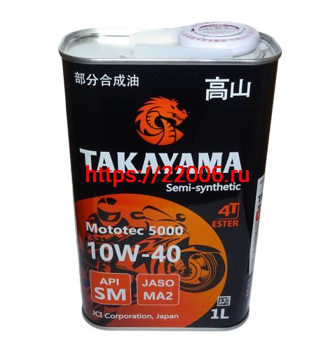 Масло TAKAYAMA MOTOTEK 5000,  4T 10W40 SM MA-2 п/синт,  1 литр  6056099